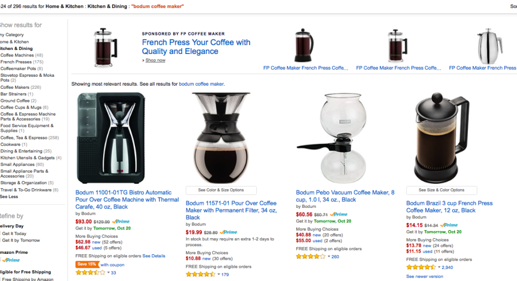 Bodum coffee maker on Amazon